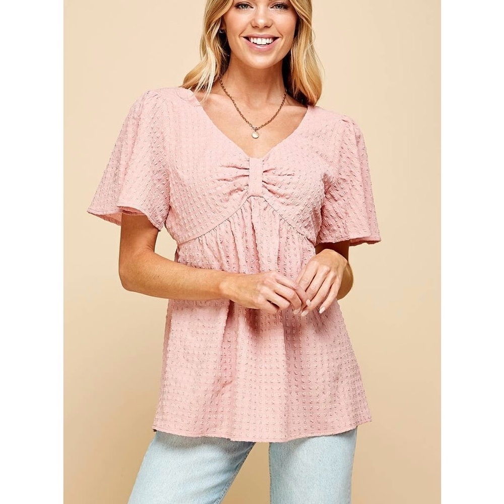 Textured Pink Flutter Sleeve Blouse - Women's Top